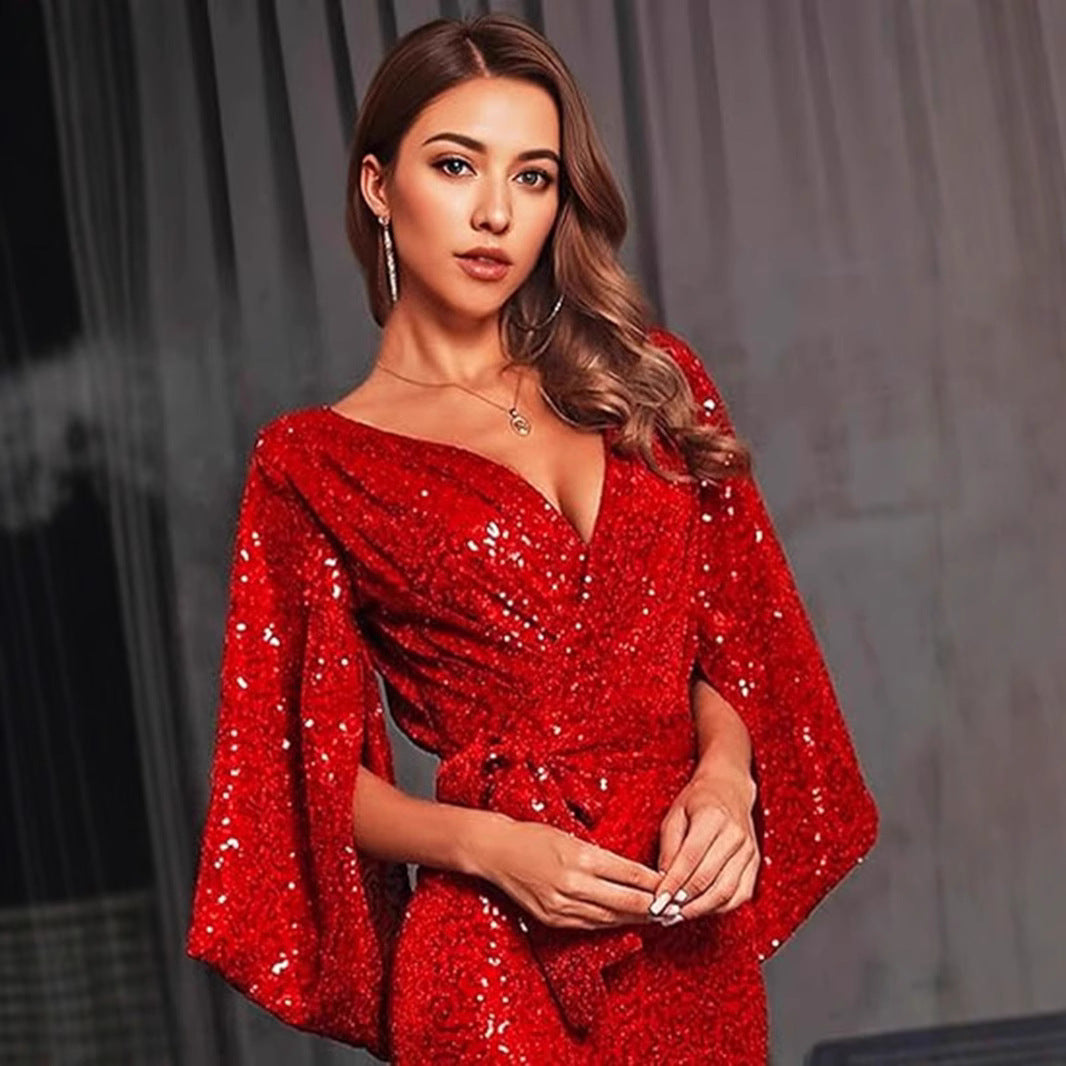 Women's Glamorous Sequin Evening Dress with Deep V-Neck and Flowing Skirt Lisslune