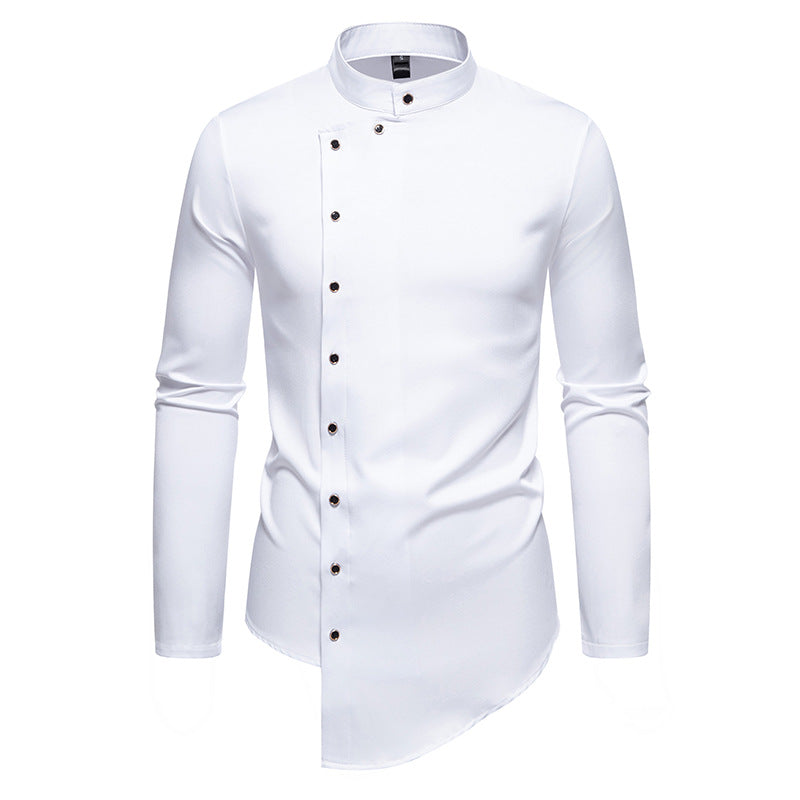 Men's modern cut long-sleeve shirt with asymmetrical button placket and stand collar Lisslune