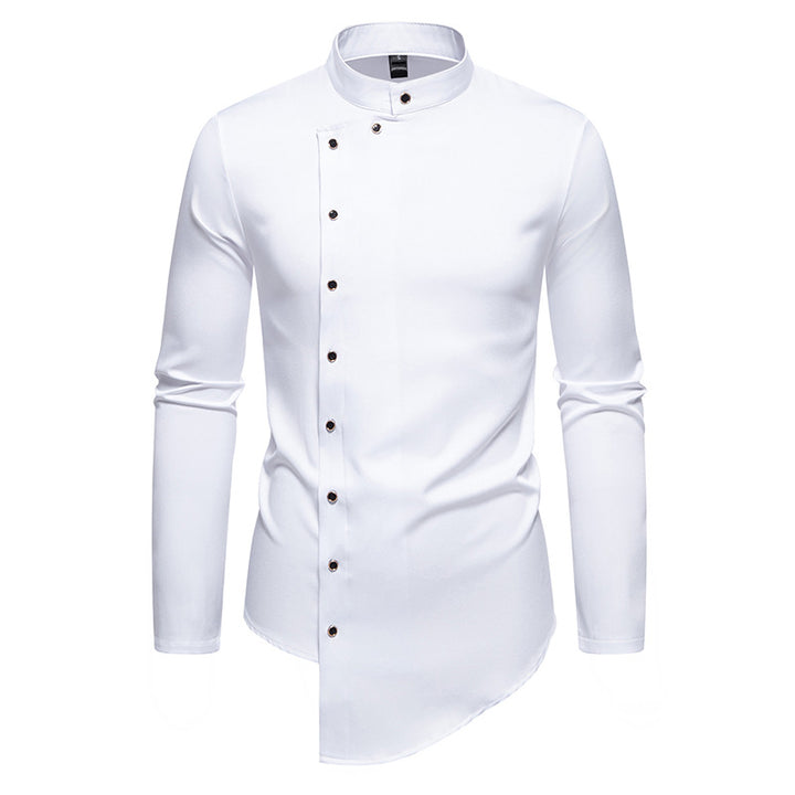 Men's modern cut long-sleeve shirt with asymmetrical button placket and stand collar Lisslune