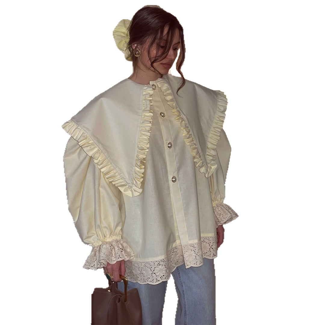Women's oversized blouse with ruffle details and lace trim Lisslune