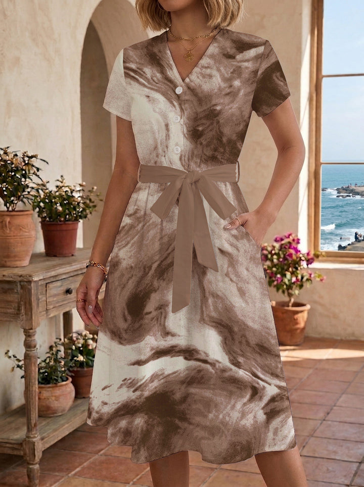 Women's Blooming Midi Dress with Adjustable Belt and Artistic Print Lisslune