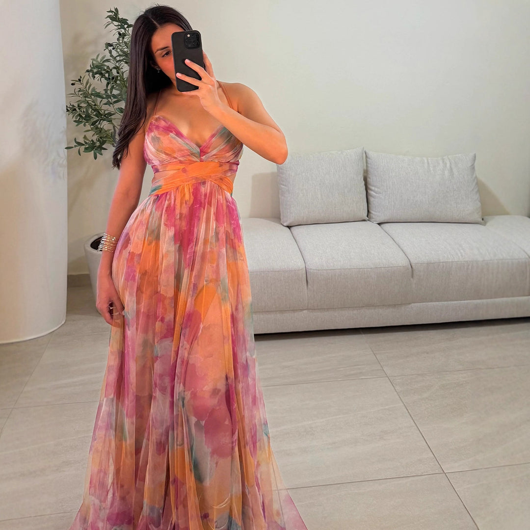 Women's maxi dress with floral chiffon design and elegant waistline