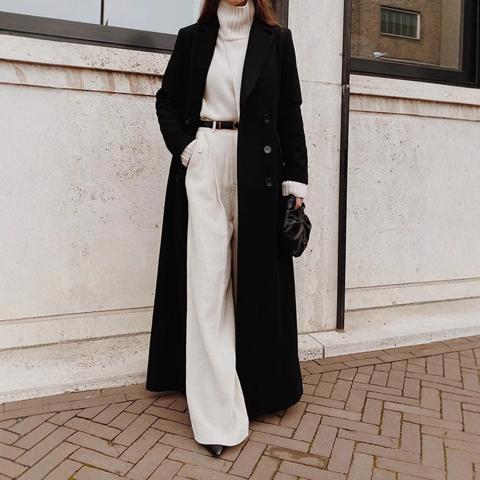 Ladies Elegant Wool Coat with Double Button Placket and Deep Pockets