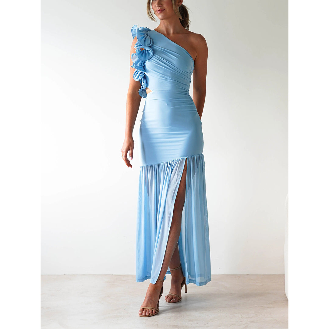 Women’s maxi dress with asymmetric cut and romantic ruffle details Lune London