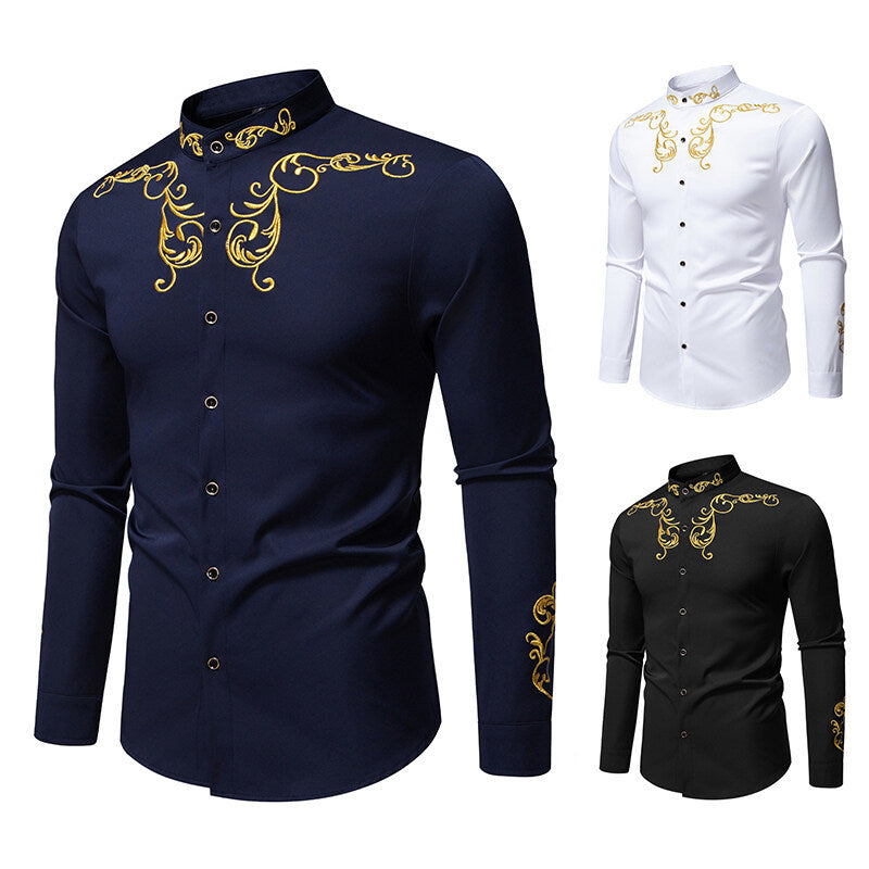 Men's Long Sleeve Shirt with Elegant Embroidery Design Lisslune