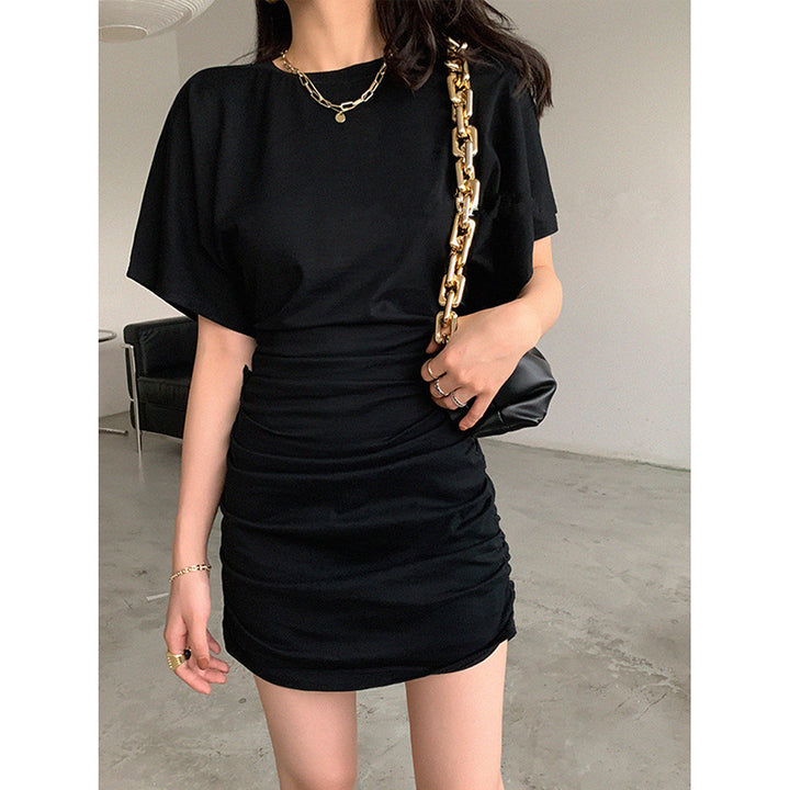 Ladies elegant mini dress with gathering and deep V-neck