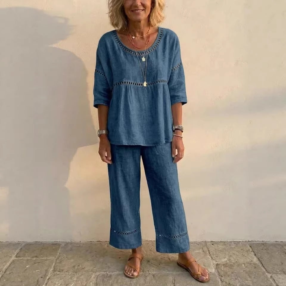Women's Complete Linen Loungewear Suit with Airy Fit and Lace Accents Lisslune