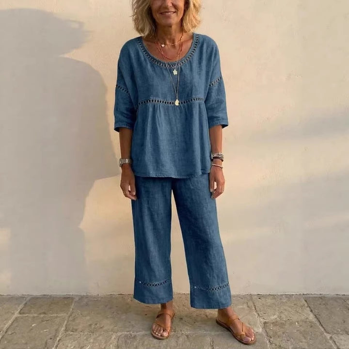 Women's Complete Linen Loungewear Suit with Airy Fit and Lace Accents Lisslune