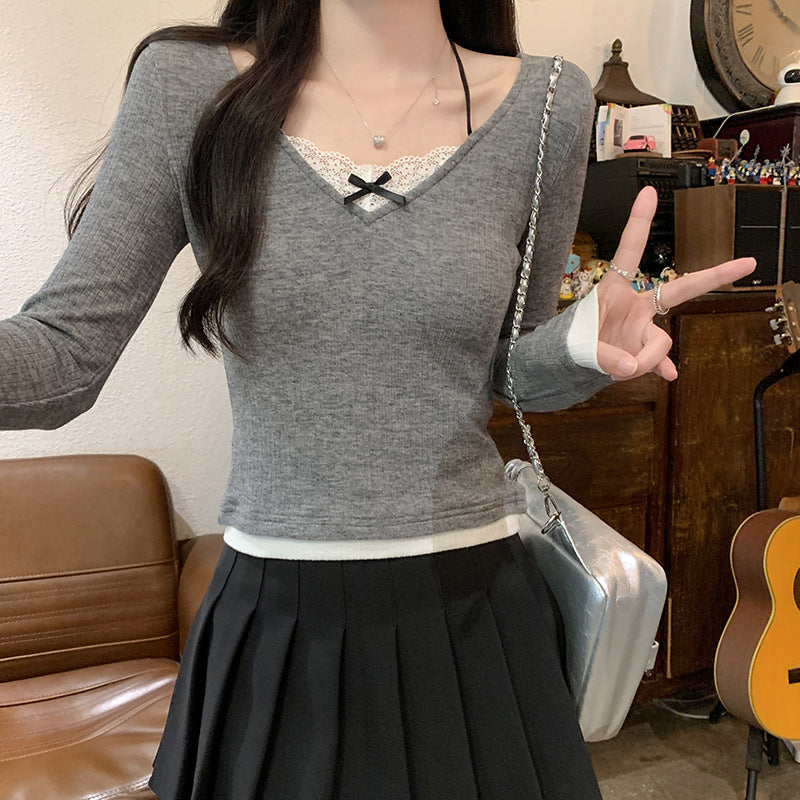 Women's long-sleeve shirt with V-neck and lace accents Lisslune