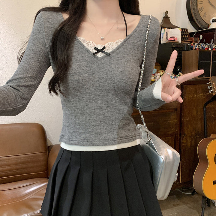 Women's long-sleeve shirt with V-neck and lace accents Lisslune