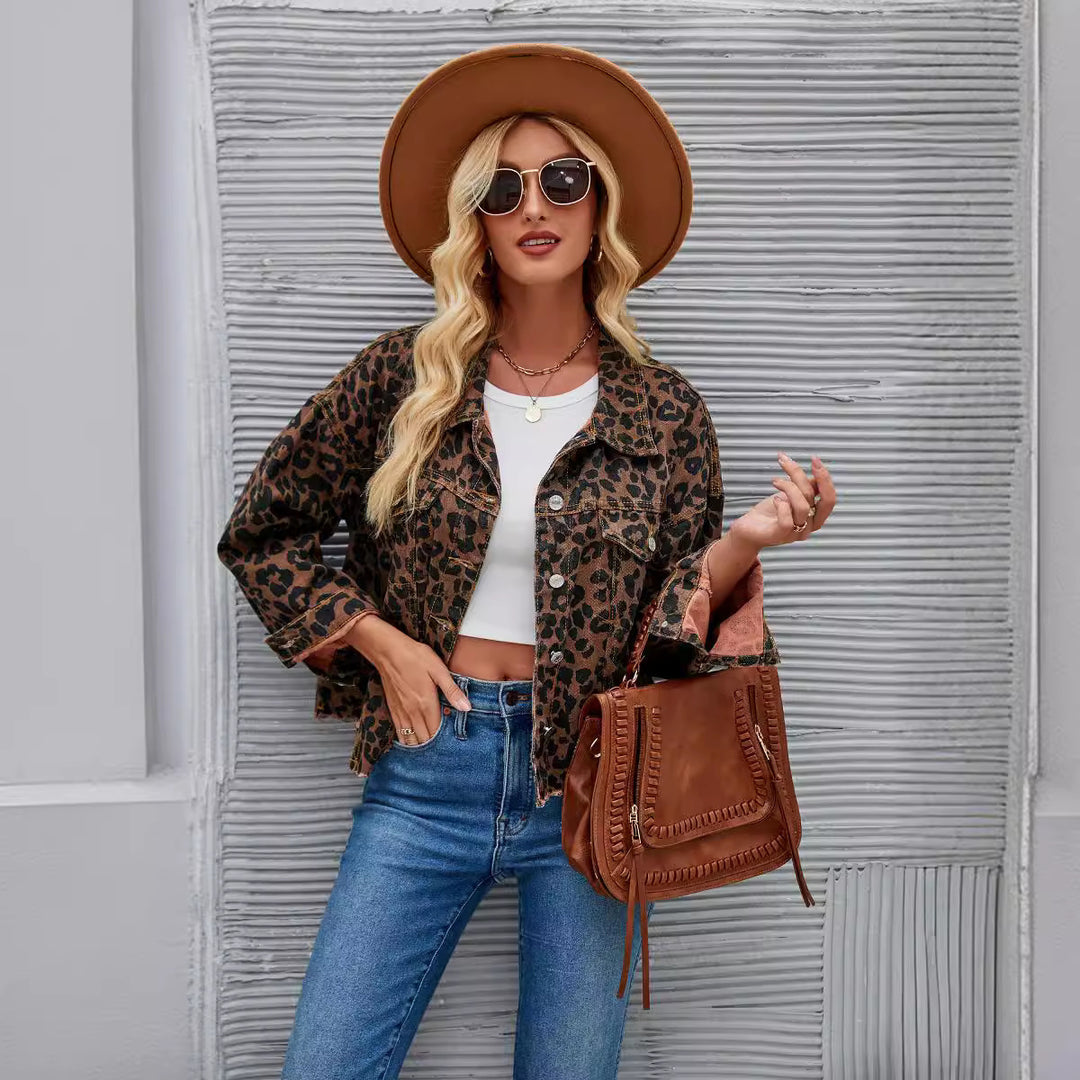 Ladies Checkered Denim Jacket in trendy Leopard Pattern with modern cut
