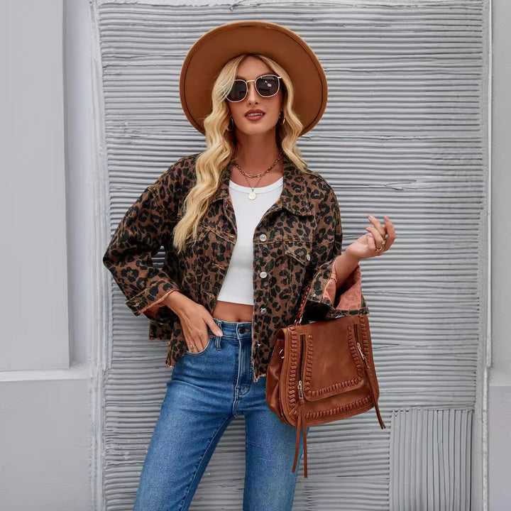 Ladies Checkered Denim Jacket in trendy Leopard Pattern with modern cut