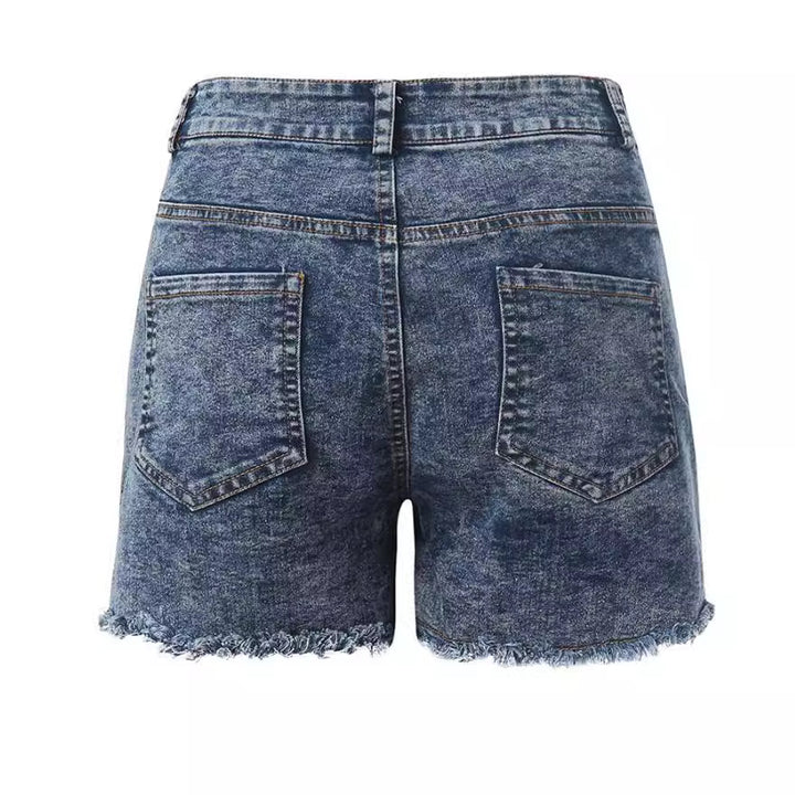 Ladies high-waisted denim shorts with fringed hem Lisslune
