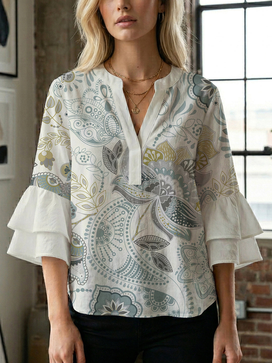 Women's blouse with voluminous ruffle sleeves and creative floral design Lisslune