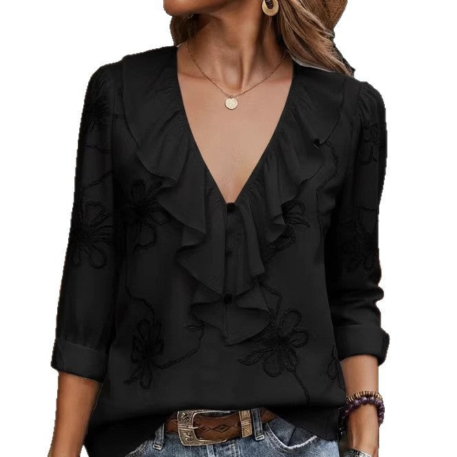 Damen elegante Bluse mit Volant und floralem Stickmuster Lisslune