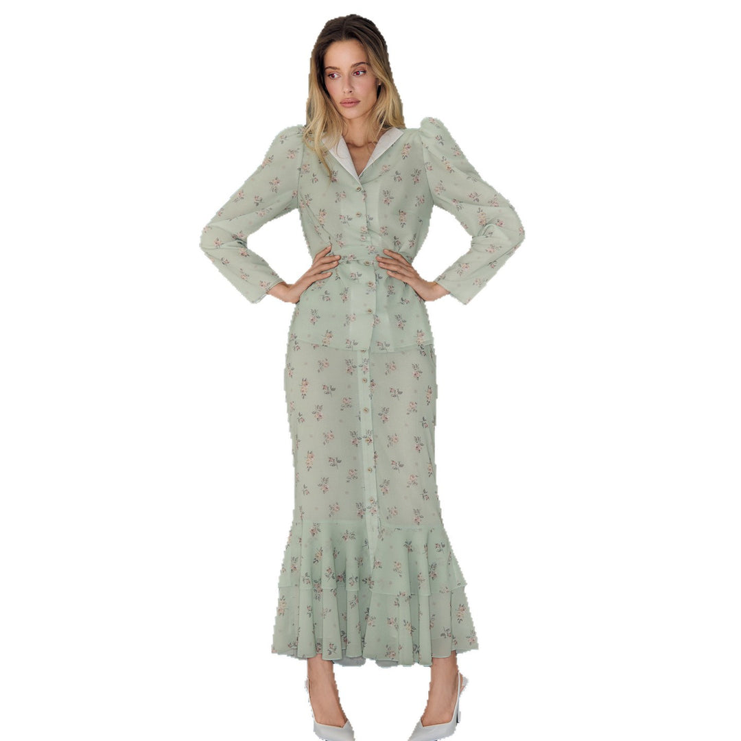 Ladies Floral Pattern Maxi Dress with Puff Sleeves Lisslune