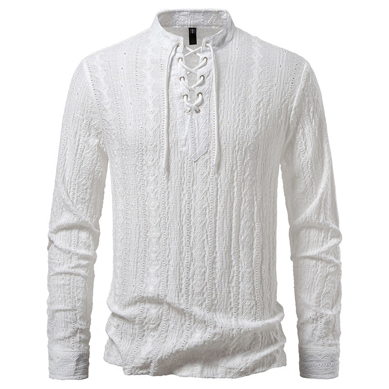Men's Long-Sleeve Shirt with Creative Lacing Design Lisslune
