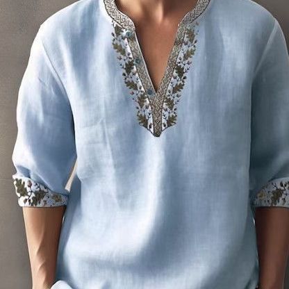 Men's linen blouse with extravagant floral pattern and elegant button details Lisslune