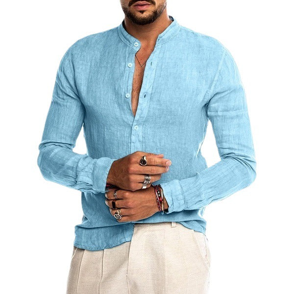 Men's linen shirt with modern stand-up collar and classic button detail Lisslune