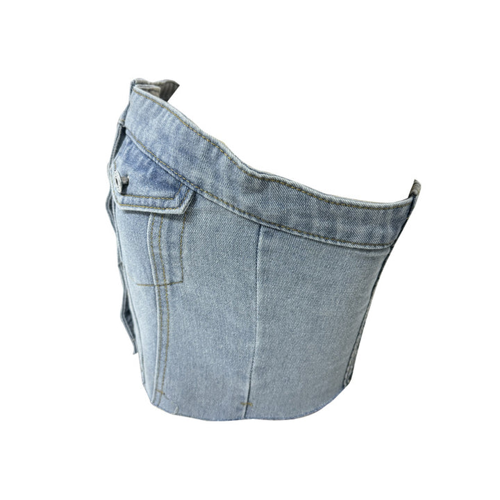 Women's Denim Bustier Top with Button Placket and Figure-Hugging Cut Lisslune