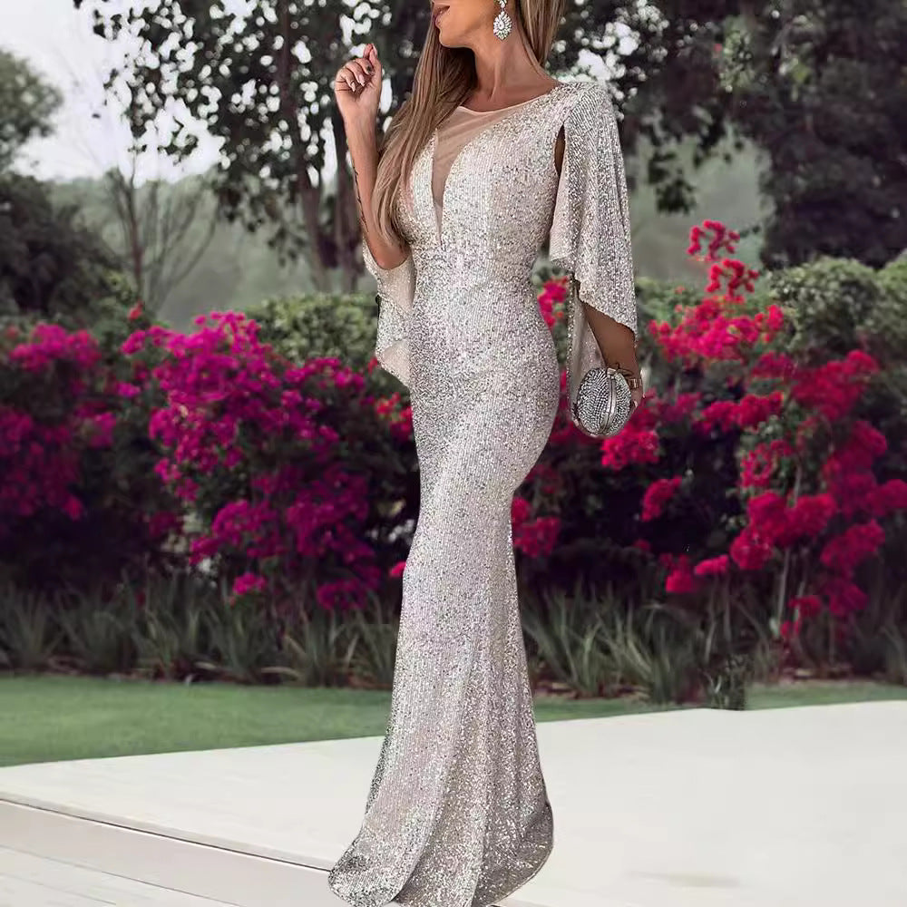 Ladies Sparkling Evening Dress with Deep V-Neck and Wide Sleeves Lisslune