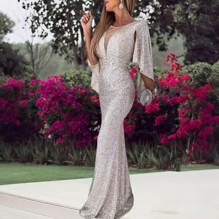 Ladies Sparkling Evening Dress with Deep V-Neck and Wide Sleeves Lisslune