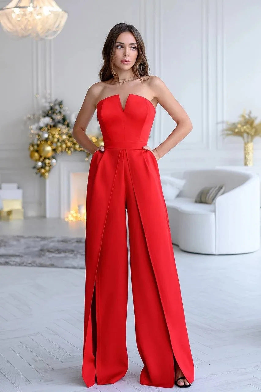 Women's Elegant Jumpsuit with Deep V-Neck and Flowing Leg Seams
