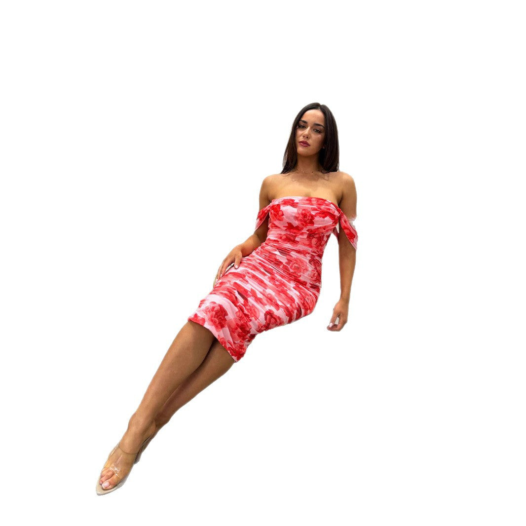 Women's Body-Con Midi Dress with Off-Shoulder Design and Floral Print