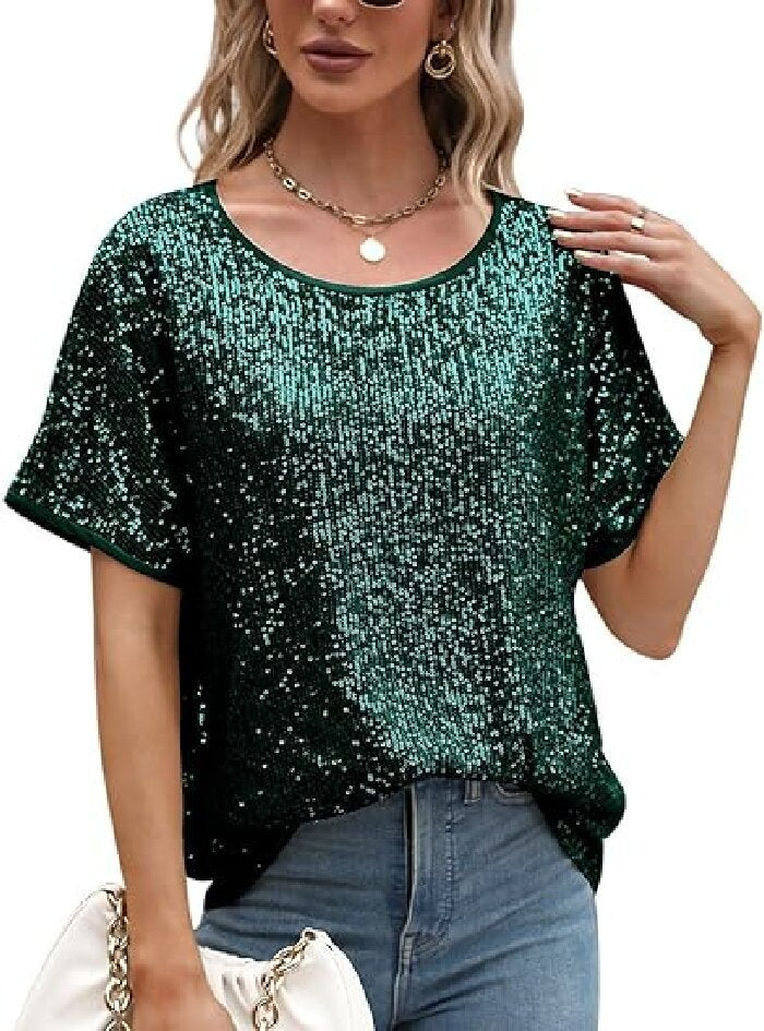 Women Glamorous Sequin Top with Wide Sleeves and Loose Fit Lisslune