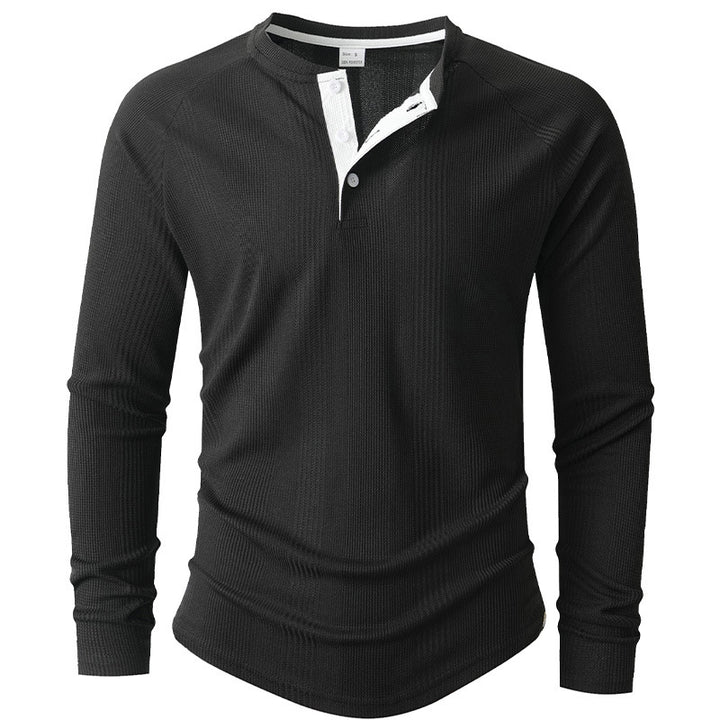 Men's Long Sleeve Henley Shirt with Textured Surface Lisslune