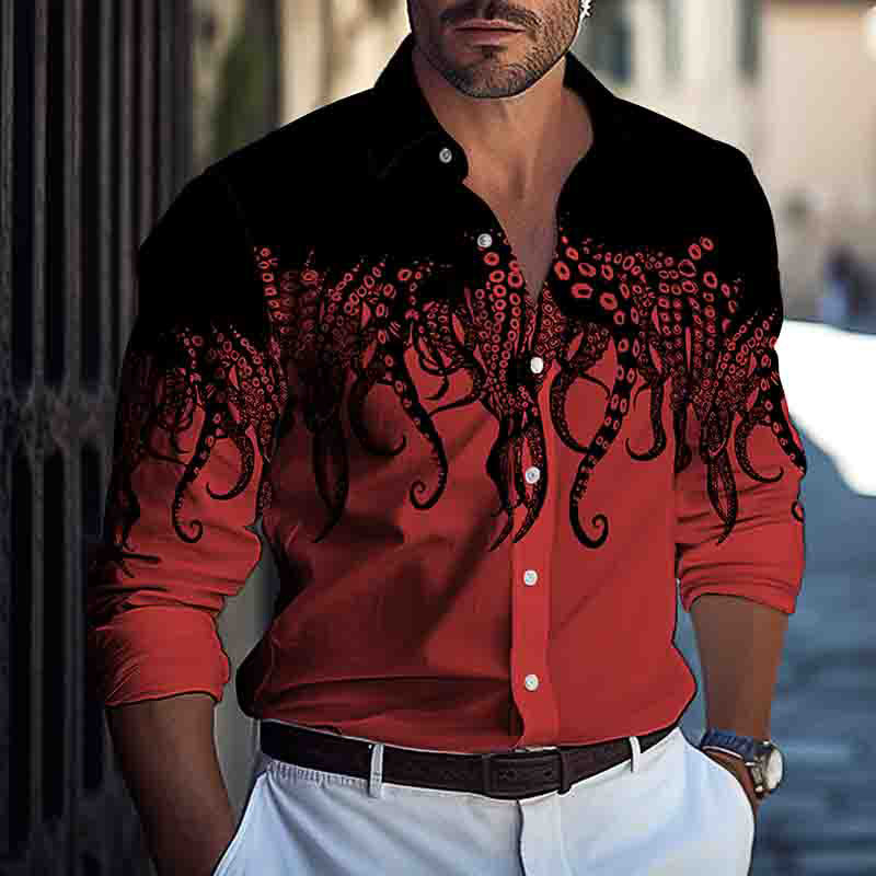 Men's Long Sleeve Shirt with Unique Octopus Print Lisslune
