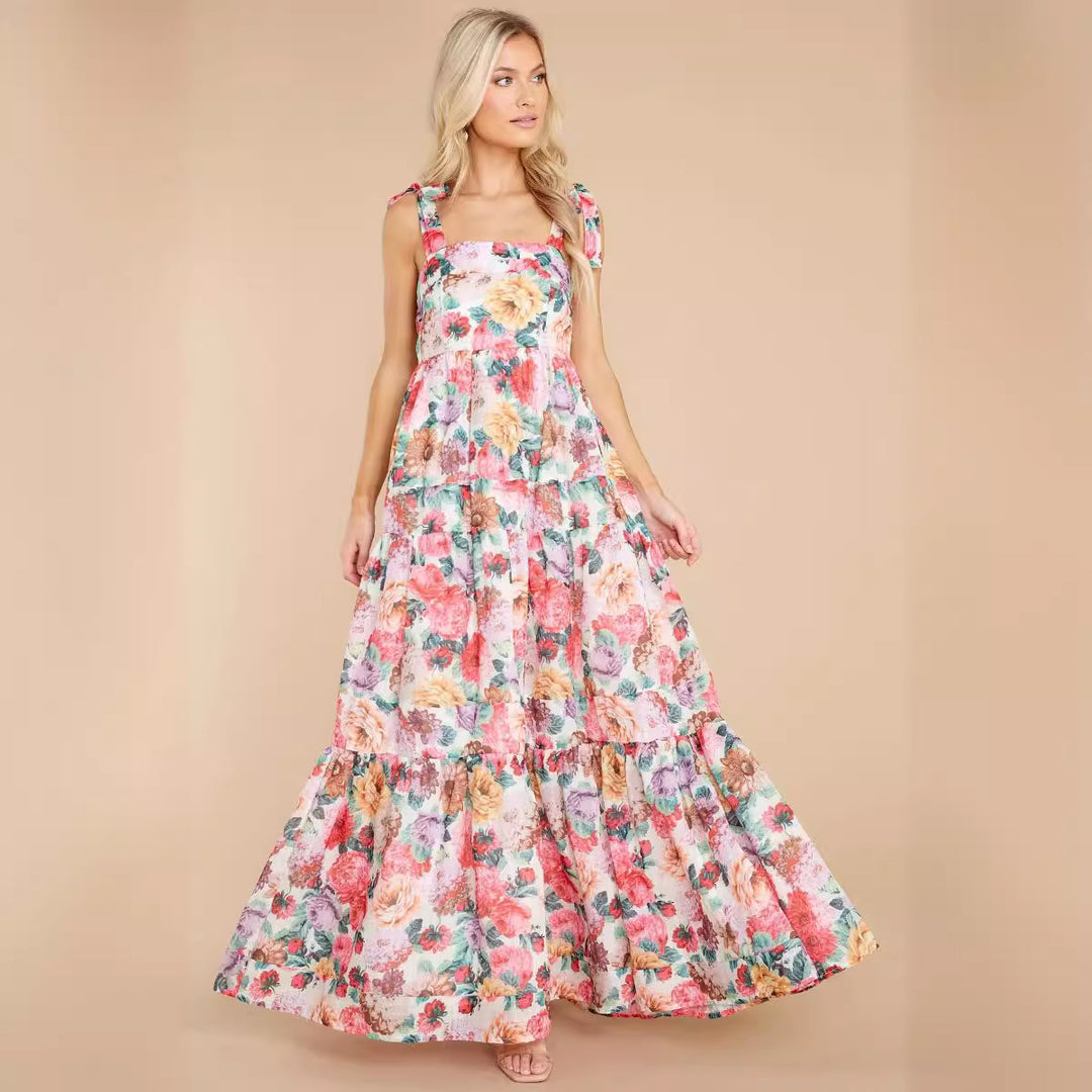 Women's Boho Maxi Dress with Playful Ruffle Details and Straps Lune London