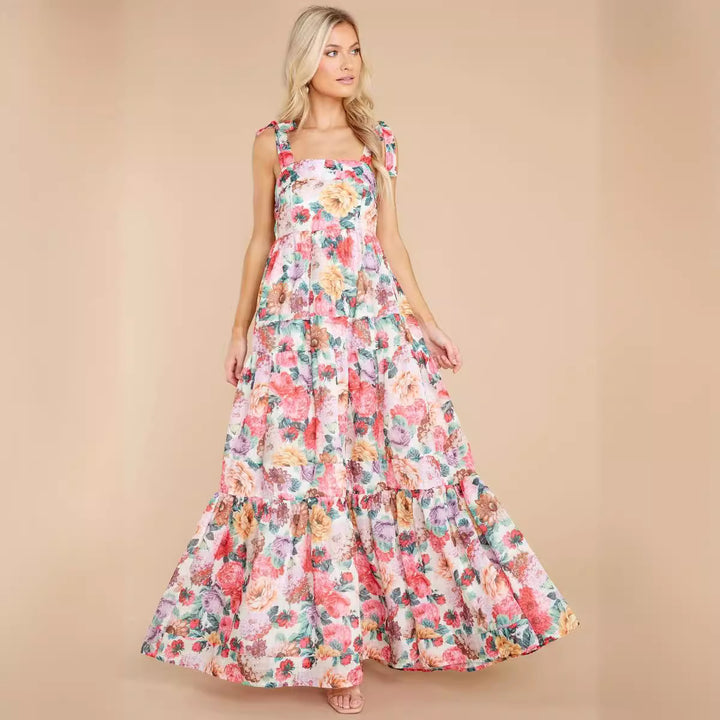 Women's Boho Maxi Dress with Playful Ruffle Details and Straps Lune London