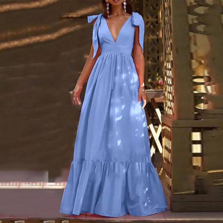 Women's maxi dress with festive ruffle details and deep V-neck Lisslune