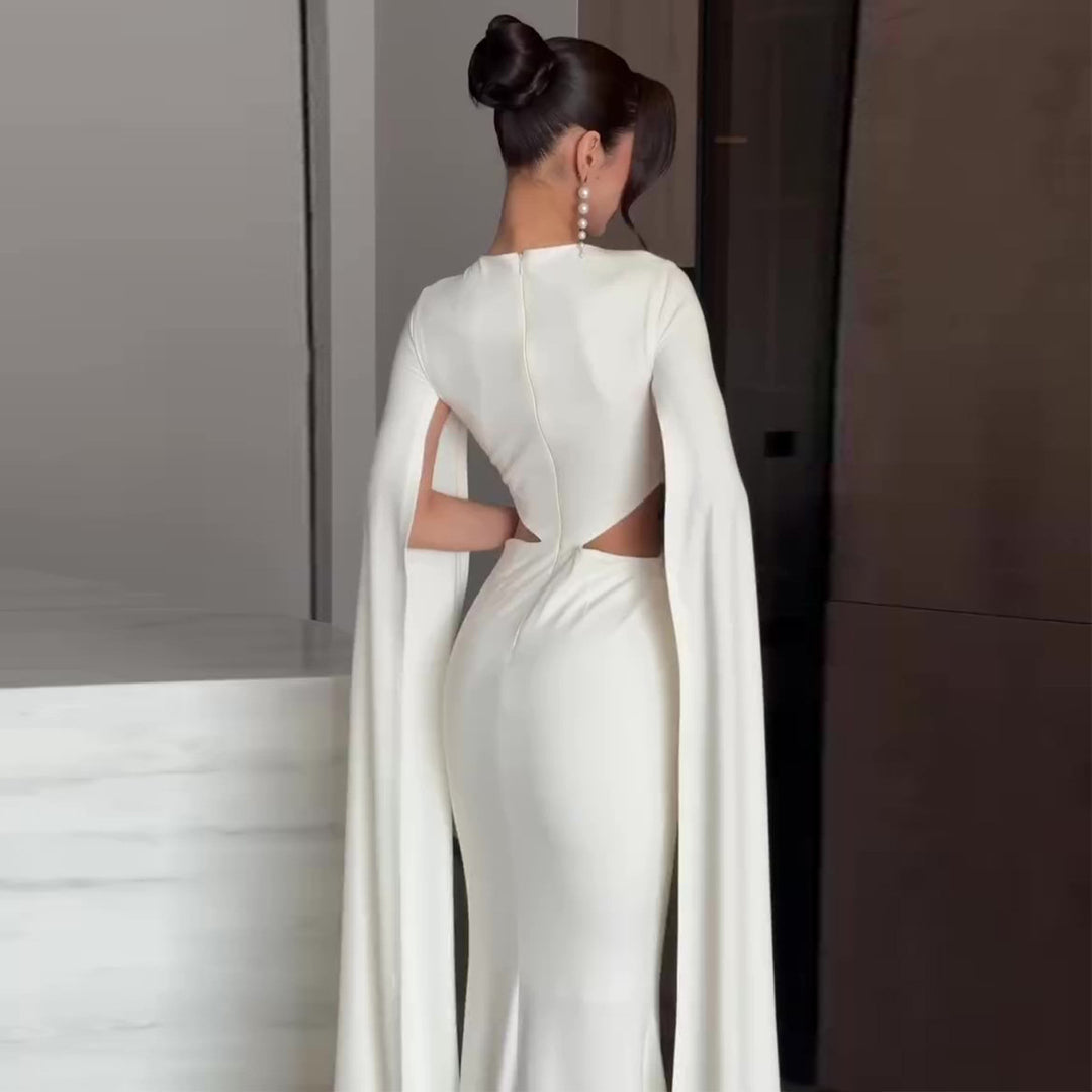 Women's Elegant Evening Dress with Innovative Cut-Out and Dramatic Cape