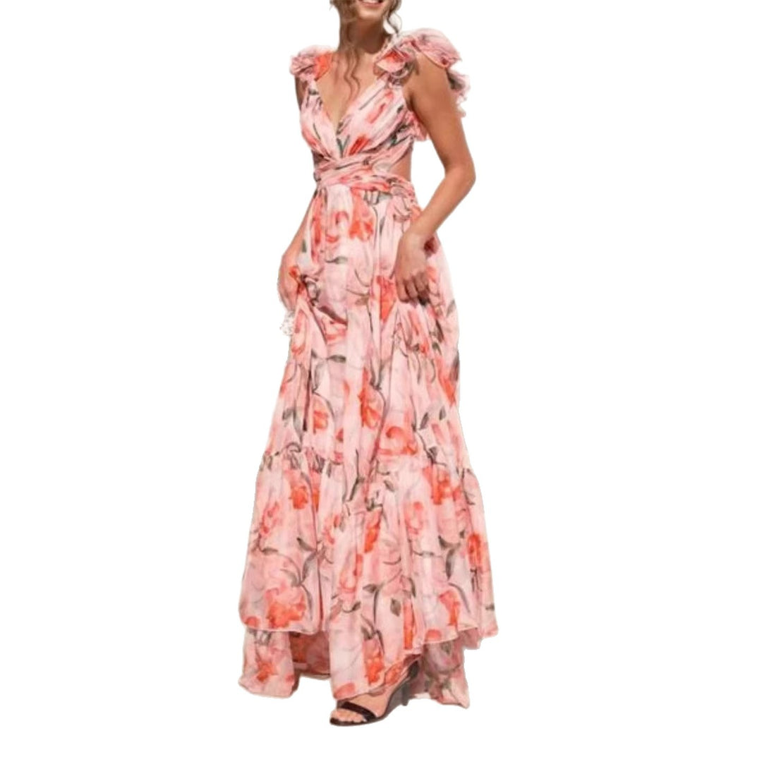 Women's maxi dress with airy ruffle details and extravagant wrap design