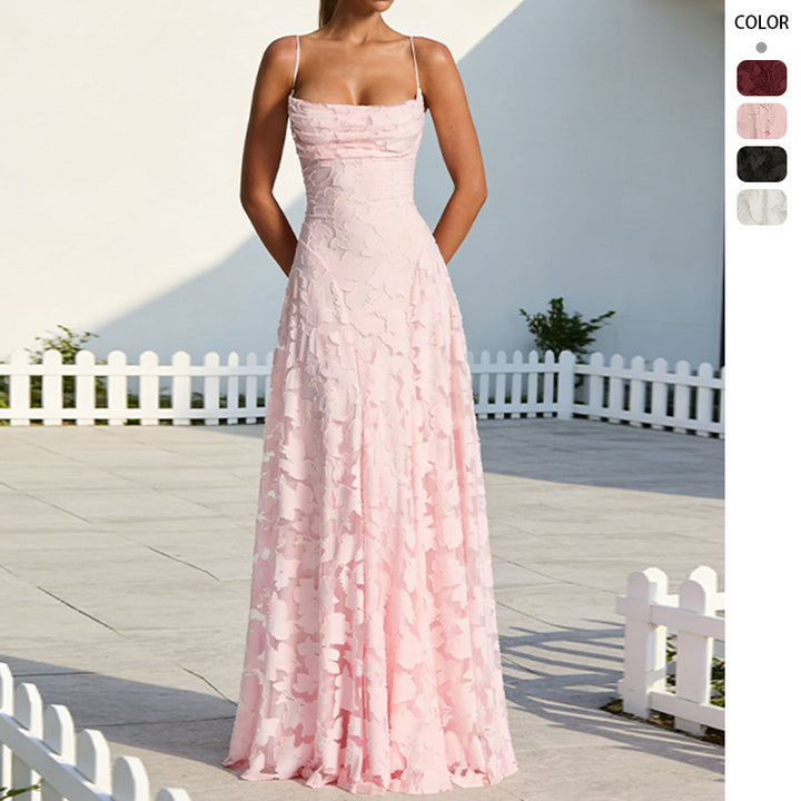 Ladies Elegant Maxi Dress with Floral Lace Design and Adjustable Spaghetti Straps Lisslune