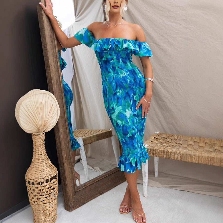 Women's Off-Shoulder Dress with Ruffles and Figure-Hugging Fit