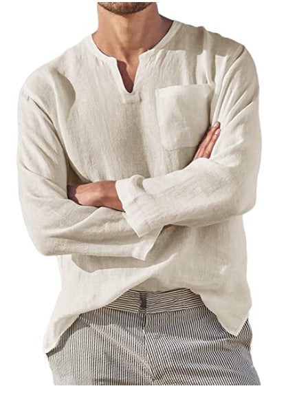 Men's linen shirt with casual V-neck and practical chest pocket Lisslune