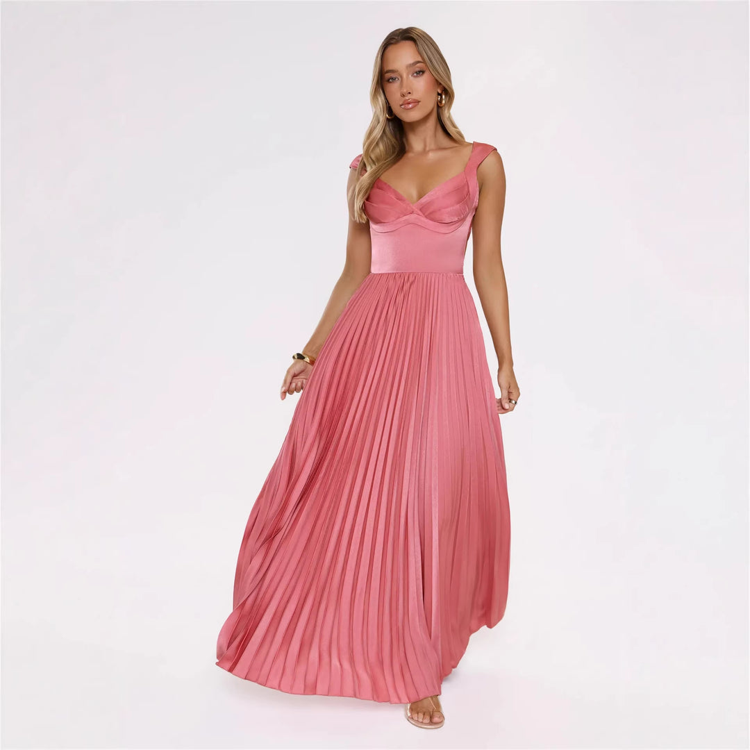 Women's Pleated Maxi Dress with Flattering V-Neck and Feminine Design