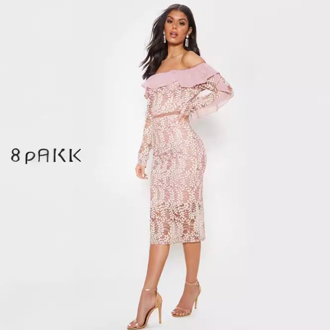 Women's Figure-Hugging Lace Dress with Off-Shoulder Design and Ruffle Details Lisslune