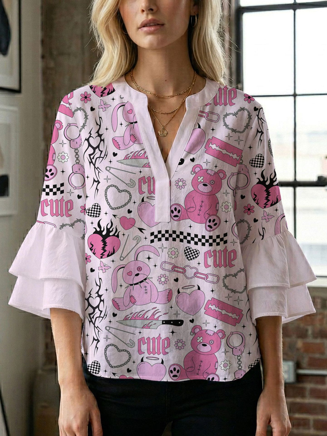 Women's blouse shirt with voluminous sleeves and creative print design Lisslune