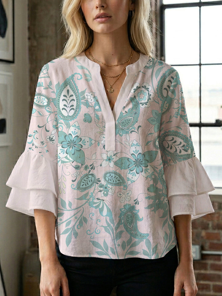 Ladies elegant blouse shirt with voluminous puff sleeves and graphic floral design Lisslune