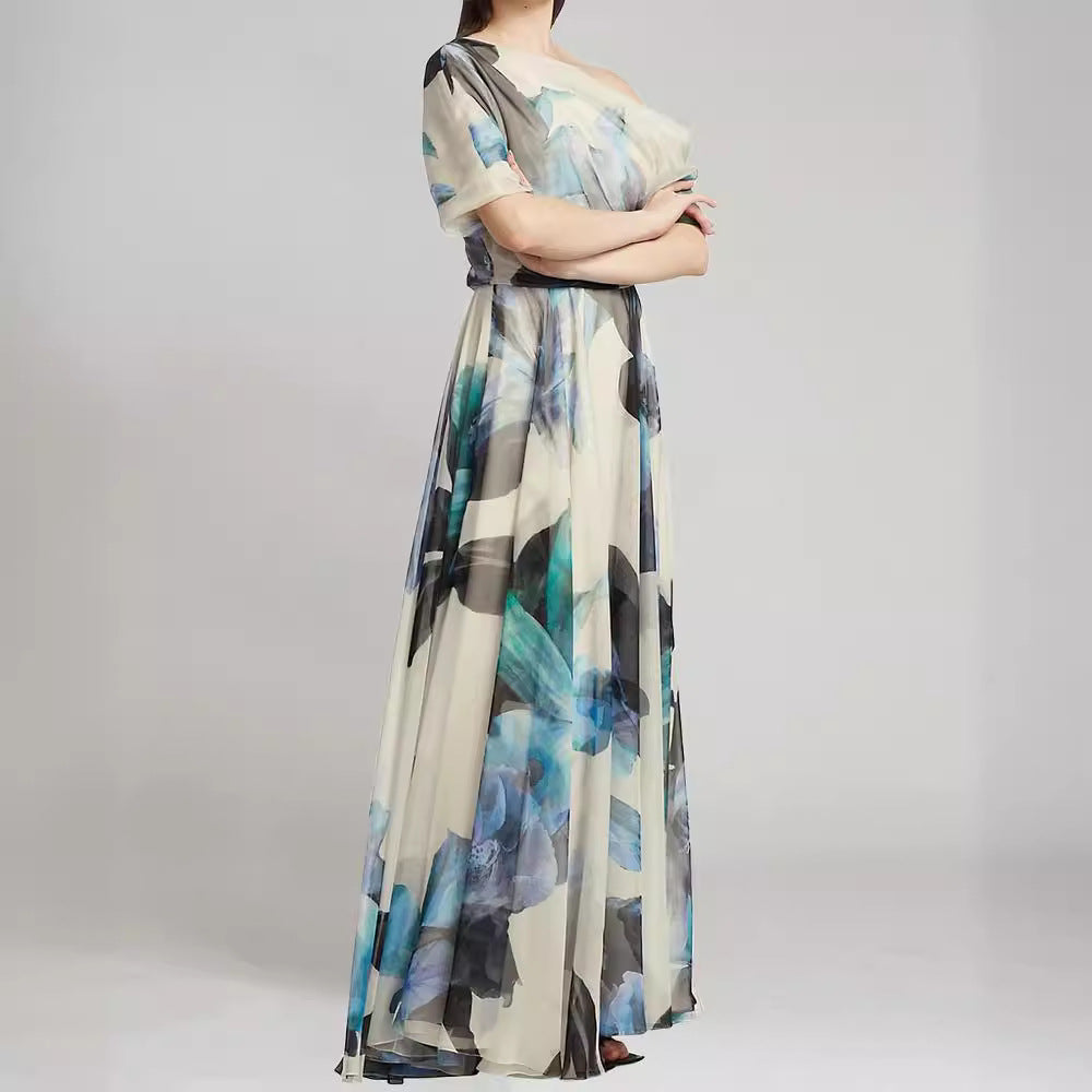 Women elegant chiffon dress with off-shoulder design and floral pattern Lisslune