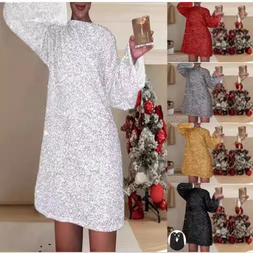 Women's Sparkling Mini Dress with Loose Fit and Long Sleeves Lisslune