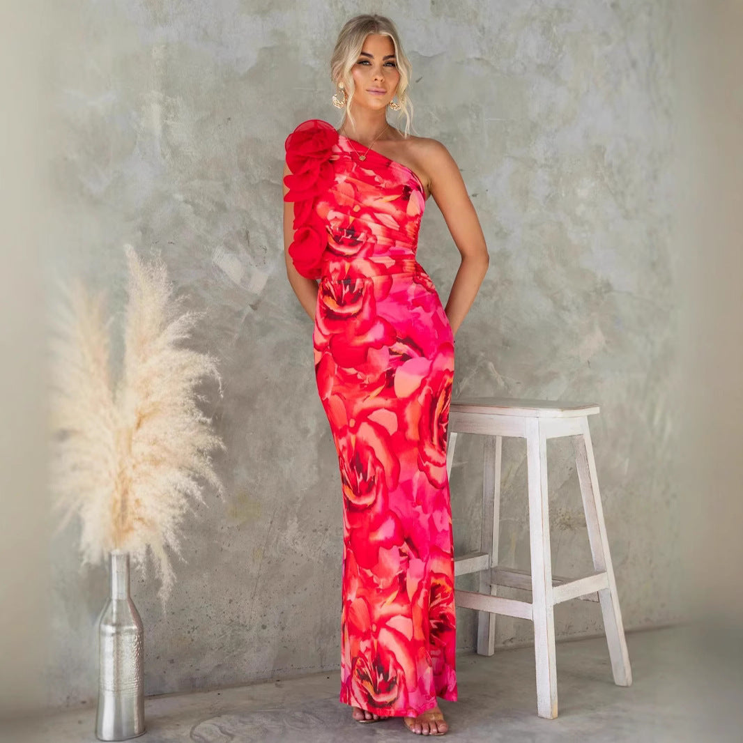 Women's Elegant Evening Dress with Asymmetrical Ruffle Design and Slim Cut