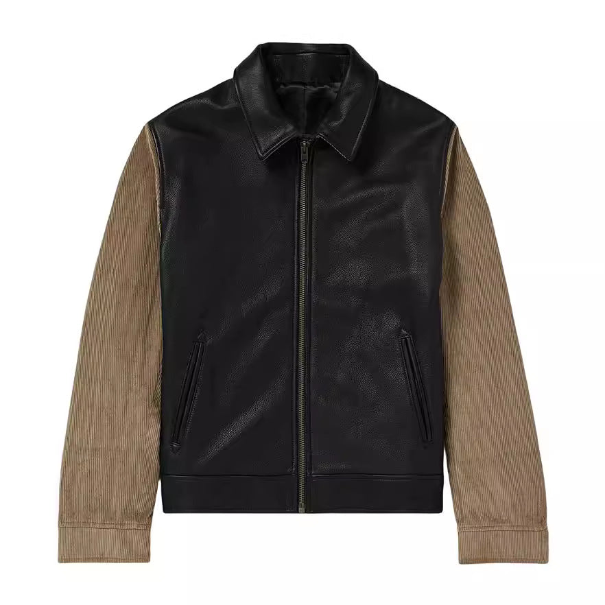 Men's fashionable synthetic leather jacket in modern design with textured sleeves Lisslune