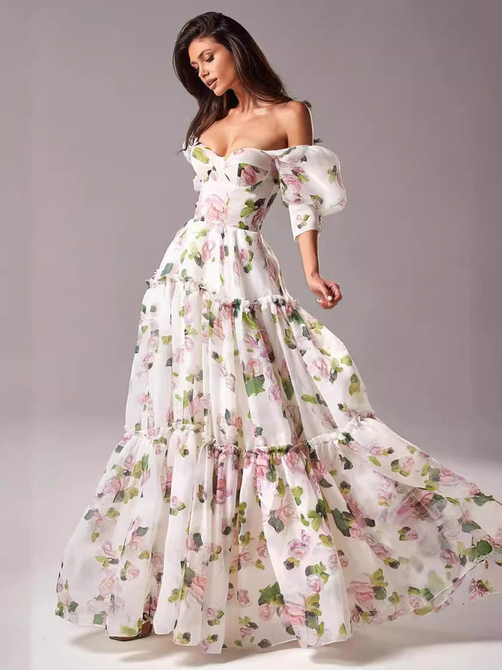 Women's Elegant Maxi Dress with Off-the-Shoulder Ruffle Sleeves and Floral Accents