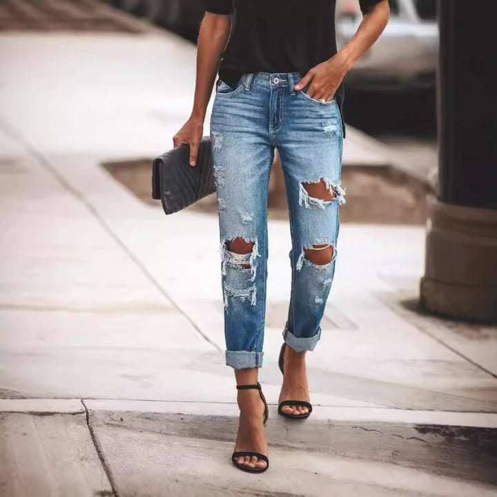 Women Destroyed Boyfriend Jeans in casual style with high tear details Lisslune