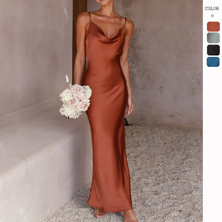 Women's Elegant, flowing maxi dress made of high-quality satin with spaghetti straps